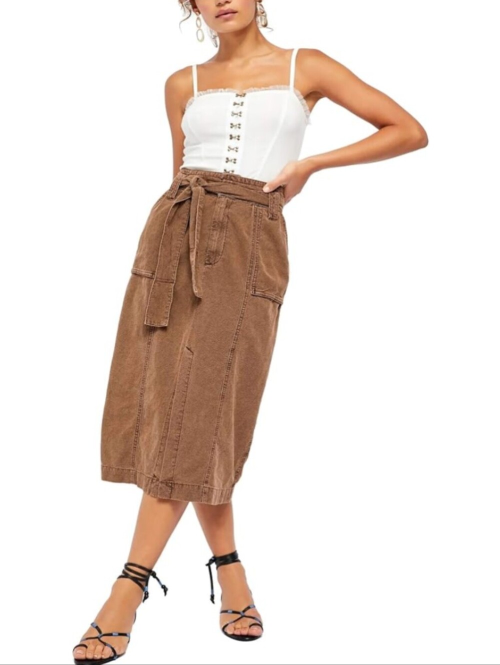 Free People Catching Feelings Brown Utility Midi Skirt with Waist Tie